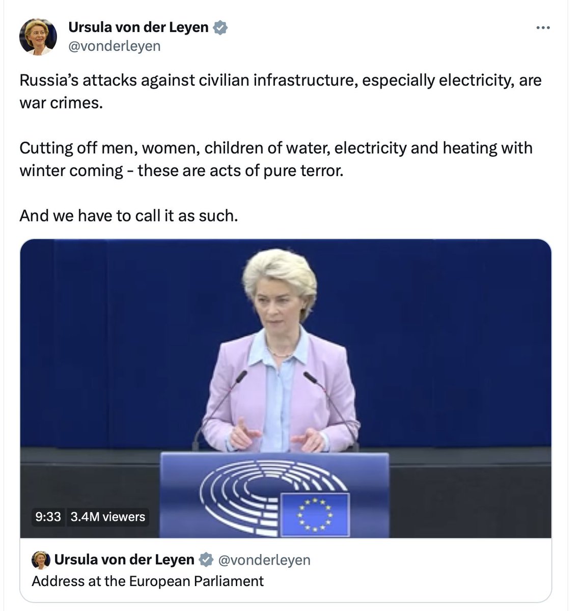 The European Commission President told us last year that cutting off water, electricity and heating with the winter coming were "acts of pure terror".

This can only mean that, by supporting Israel's "total blockade" of Gaza, Western states have become sponsors of "pure terror".