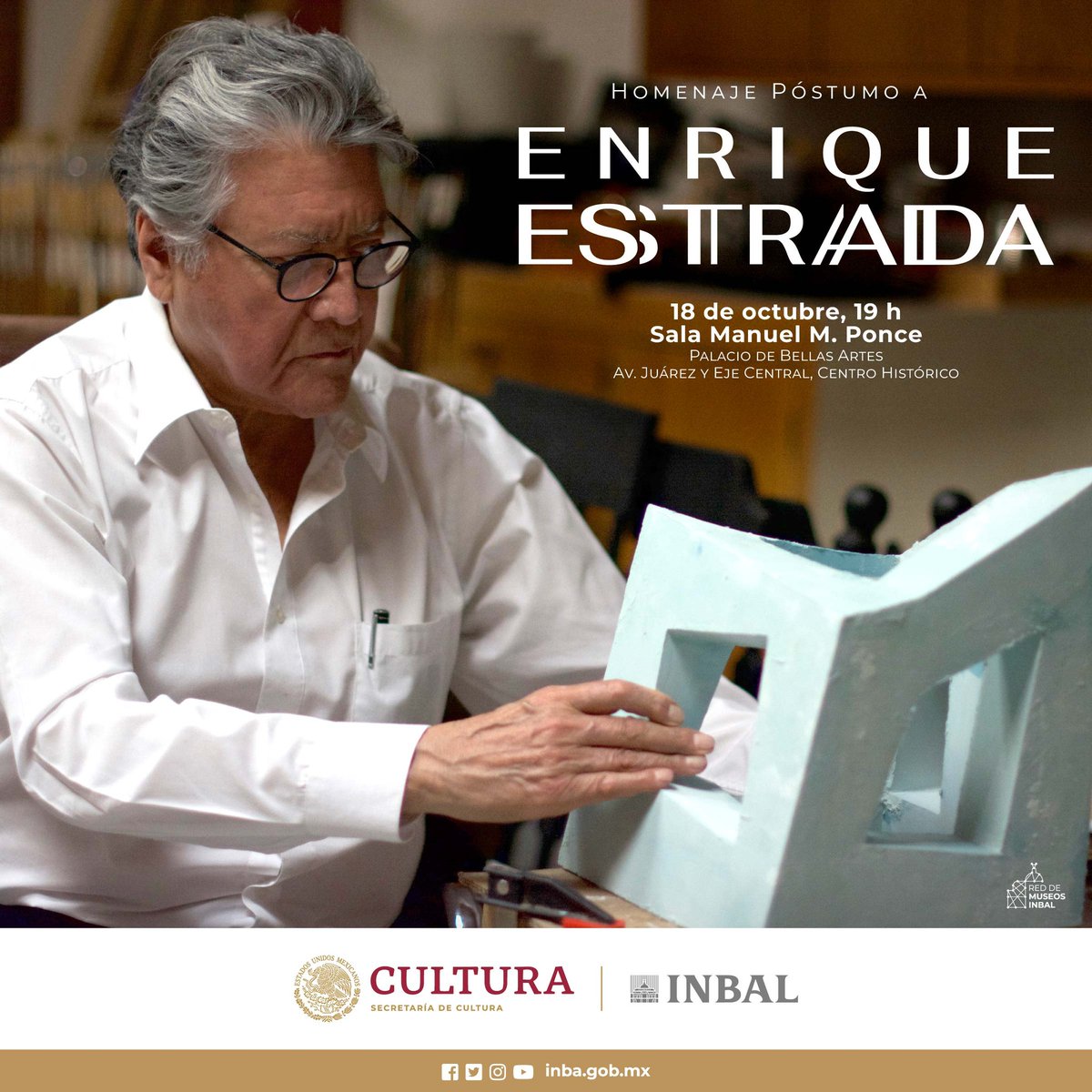 La @cultura_mx y el @bellasartesinba, a través de la Coordinación Nacional de Artes Visuales, rendirán homenaje a la trayectoria del pintor Enrique Estrada. 📅Miércoles 18 de octubre, 19 h. 📍Sala Manuel M. Ponce, @PalacioOficial .