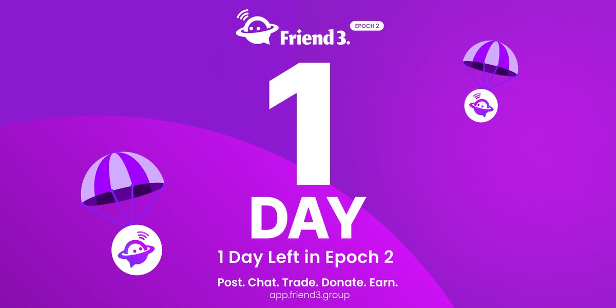Friend3AI's tweet photo. Hats off, @Zeliscii 🎩

Last day of #Epoch2—farm on! 🌾 
Next Up: 
1️⃣ $F3 details about #TGE, vesting, listing 
2️⃣ Product docs & Roadmap 
3️⃣ New passive income System 
4️⃣ #opBNB updates

Salute to all hands—#Friend3 is shifting #SocialFi in crypto will all of you guys! Keep building! 🚀