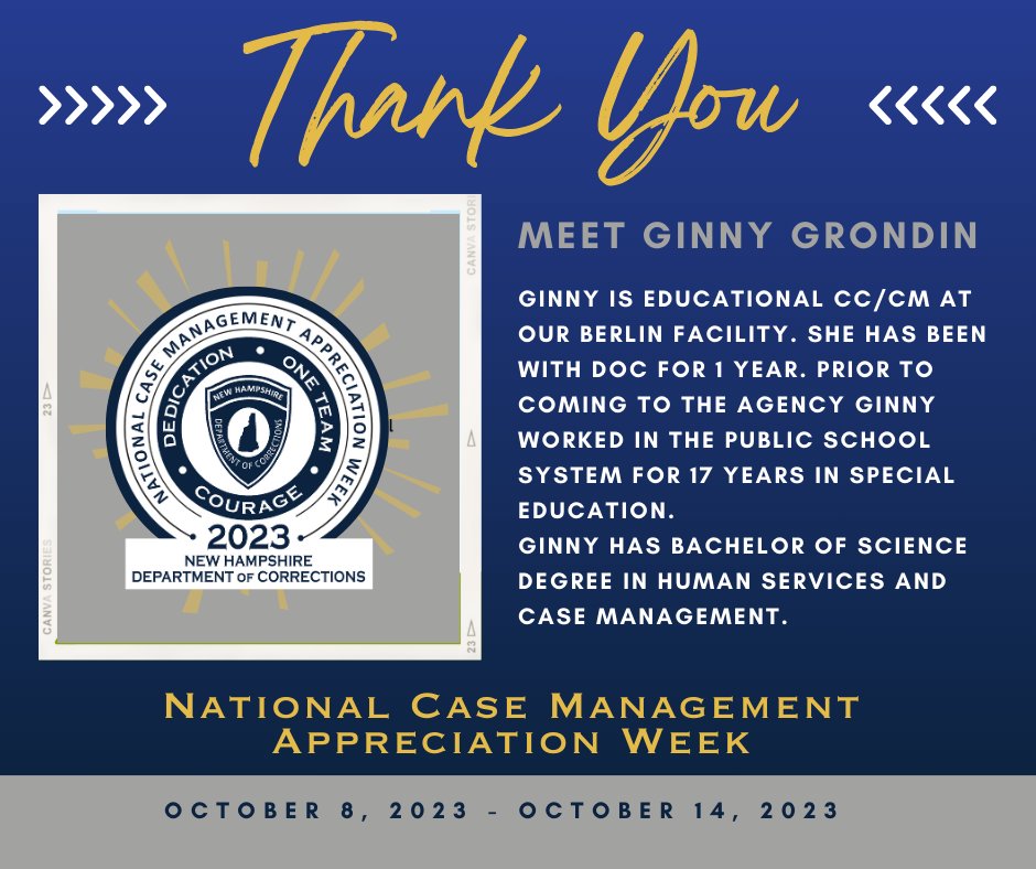 NHDOC's tweet photo. It's #NationalCaseManagementWeek! Let's highlight some of our incredible #NHDOC Case Managers. We are proud to celebrate you this week β and always! The team's dedication is evident in their professionalism and commitment. Take time this week to say, 'thank you'. #CMWeek2023 https://t.co/DTHOxqRy7T