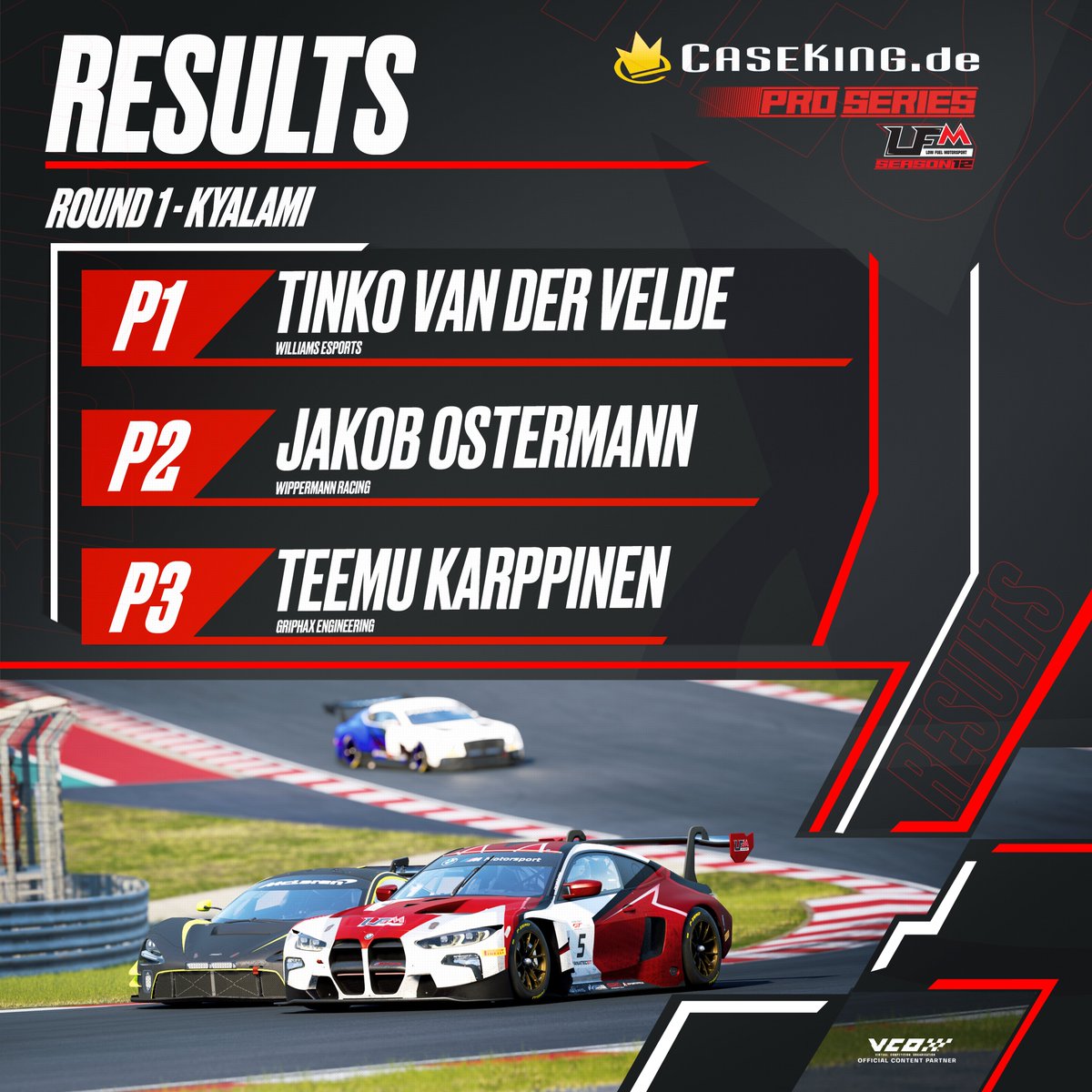 LFMotorsport's tweet photo. @Caseking PRO Series Round 1 at Kyalami.

That was an advertisement for sim racing!

In qualifying, 38 of 40 drivers were within one second.

We saw one of the most exciting races ever.
Thanks to our custom BoP and the brave decision of the drivers we see mixed grids again.

The best fight of the race decided who can win the first race.

@TinkoVDV and @jakobostermann7 fought for every inch of track, it was fantastic to see.

In the end the overall winner of the Caseking PRO Series Season 11, @TinkoVDV prevails and takes the first win in the first race.

@jakobostermann7 makes it after a long lead in the race highly deserved on P2.

One of the highlights was also @Temetias in the Bentley, he led the qualifying for a long time, shows that the Bentley is back thanks to the BoP and finishes the race fantastic on P3.