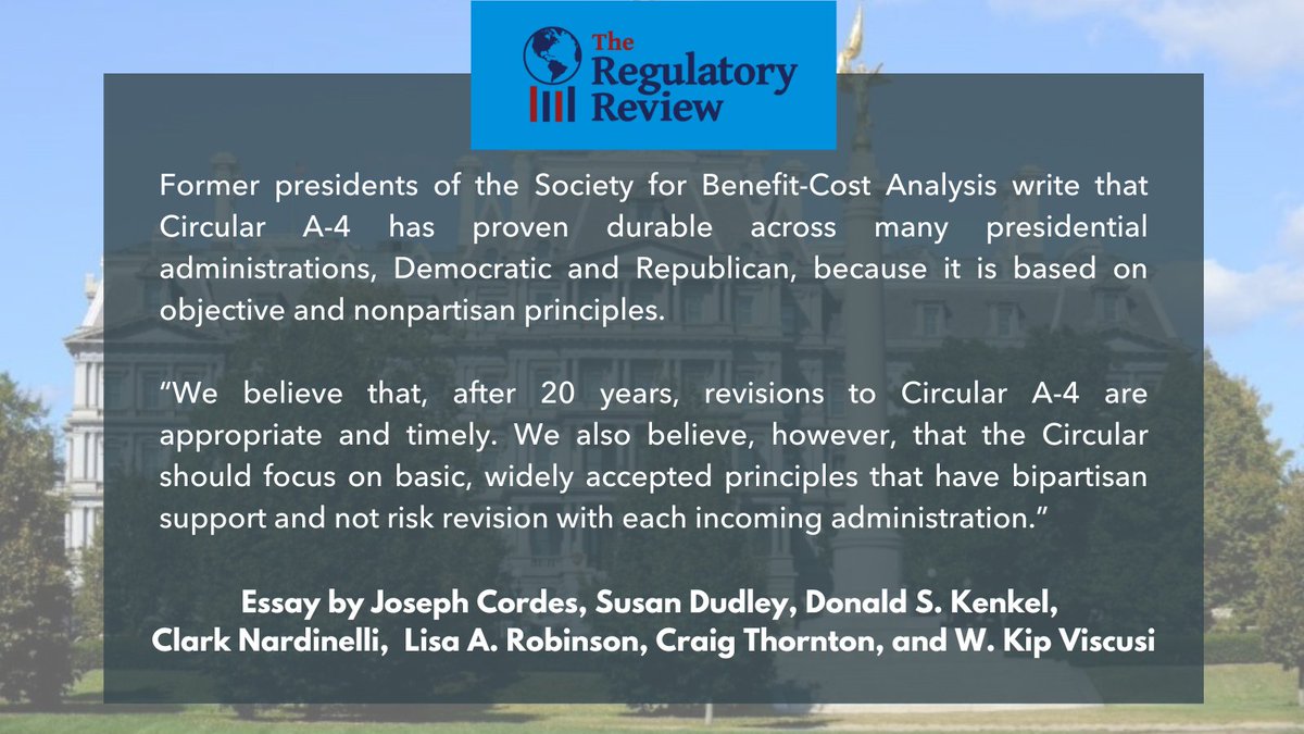 Today's @TheRegReview essay by fmr SBCA @benefitcost presidents advocates for changes to @OMBPress #CircularA4 rooted in best avail. economic science. @SusanEDudley, @Lisa_A_Robinson, @WKipViscusi, Joe Cordes, Don Kenkel, Clark Nardinelli, Craig Thornton theregreview.org/2023/10/12/cor…