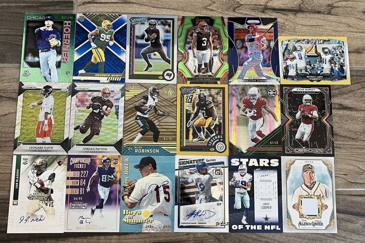 Gioscards's tweet photo. $3 per or all for for $48
Hoerner /299, Wyatt /199, Evans /10, York /299, Simmons /35, Lions /2015 Floyd /149, Payton /149, Robinson /29,Harrison/60, Brown /10, Murray /75, Böhringer /99, Drew /2950, Jones ( bottom edge)
@sports_sell @SportsSell3 @HobbyRetweet_ https://t.co/M7FoPfbixv