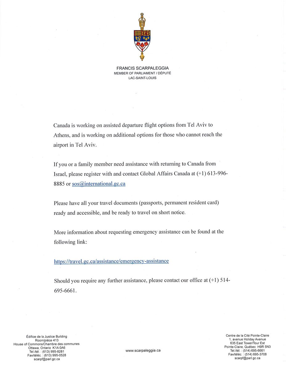 Francis Scarpaleggia (@scarpaleggialsl) on Twitter photo If you or a family member need assistance with returning to Canada from Israel, please register with and contact Global Affairs Canada at (+1) 613-996-8885 or sos@international.gc.ca
Information at travel.gc.ca/assistance/eme… If you or a family member need assistance with returning to Canada from Israel, please register with and contact Global Affairs Canada at (+1) 613-996-8885 or sos@international.gc.ca
Information at travel.gc.ca/assistance/eme…