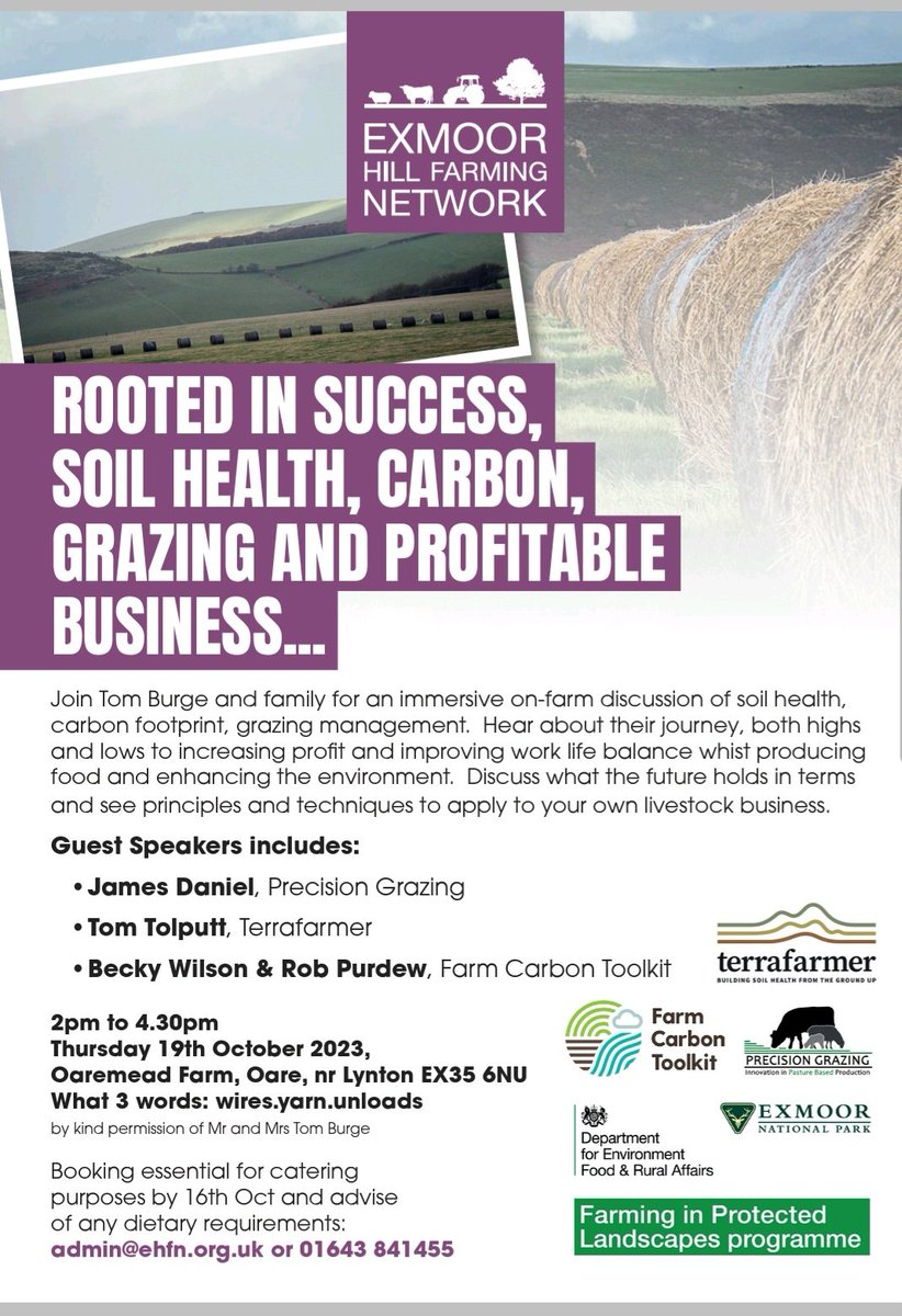 I'm hosting an On farm event talking about how grazing management has changed over the last 5 years and how it might change in the next 5 year and what the impact is on carbon, soil health and Profitable. Can I become net zero or better, followed by roasted Exmoor Premium Mutton