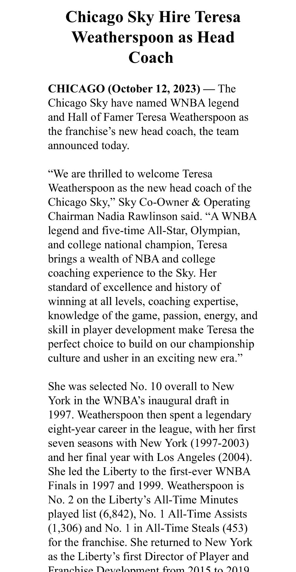 WNBA legend Teresa Weatherspoon to coach Chicago Sky