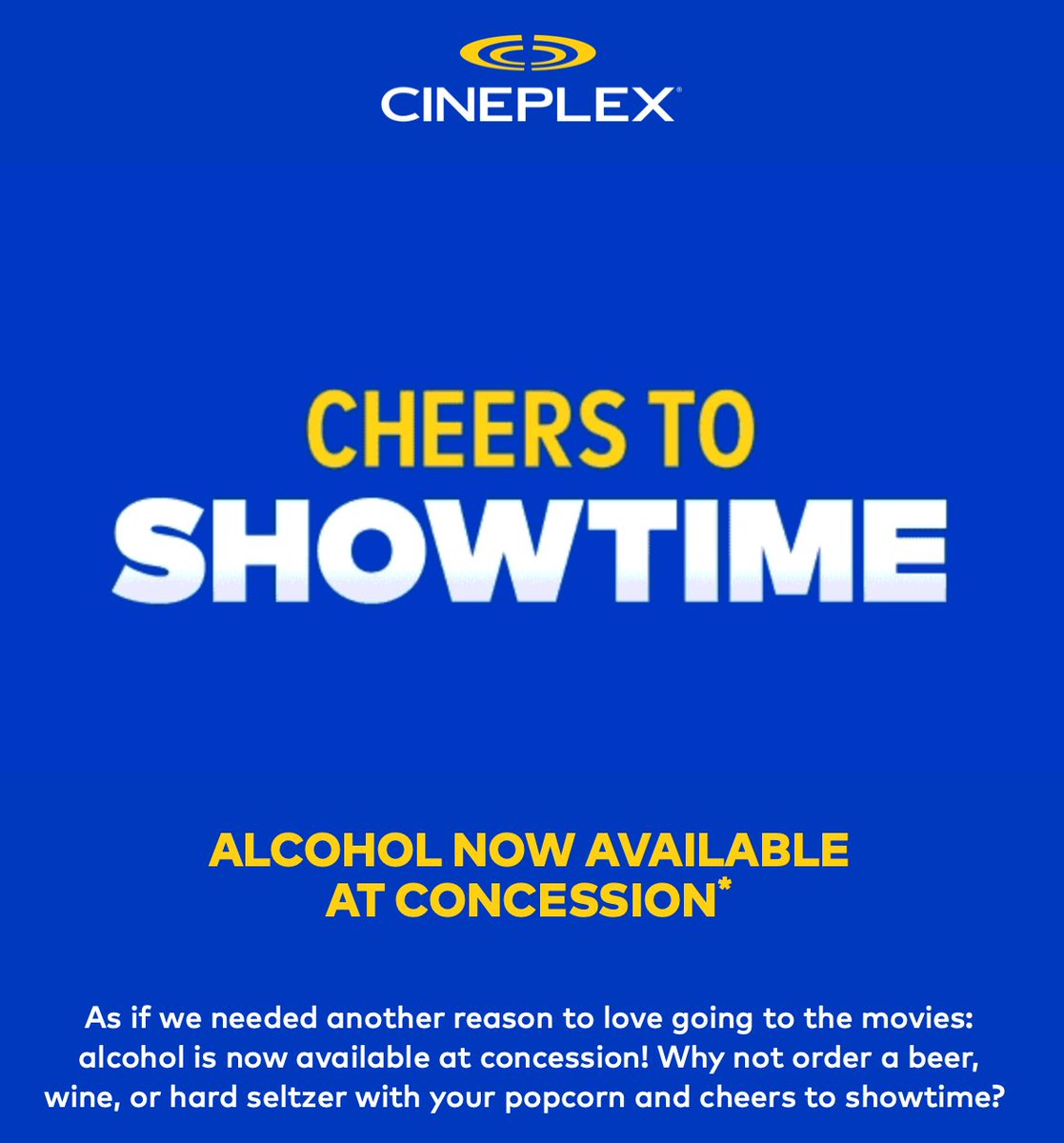 mattdagley's tweet photo. Alcohol now available at Cineplex. https://t.co/pM89Vlu9Ir