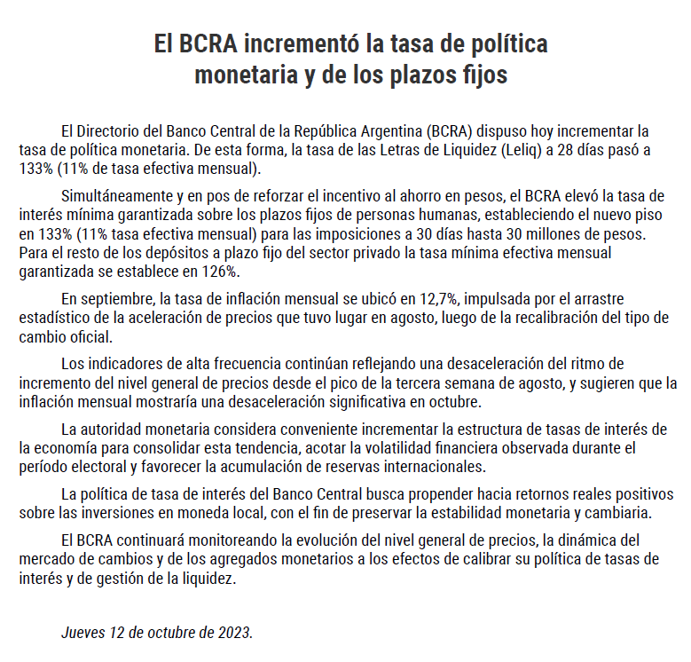 🚨 ATENCIÓN: CAMBIO DE PLANES - EL BCRA SUBE LA TASA A 133% DE TNA

Esto es una TEA de 254,8%.