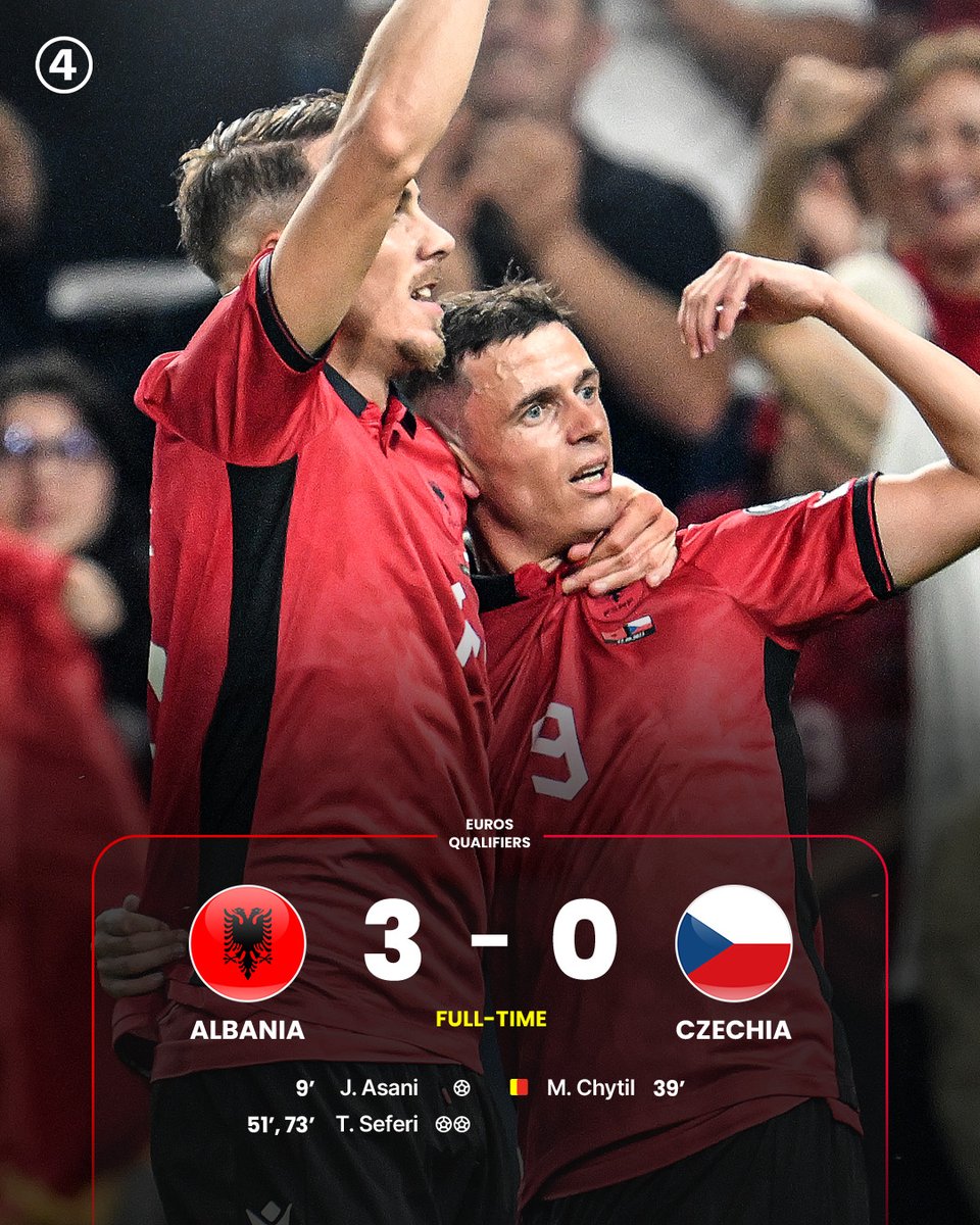 433's tweet photo. Albania are 𝗢𝗡𝗘 𝗪𝗜𝗡 away from their second ever Euros qualification 🇦🇱 https://t.co/PAFPsgQ2aX