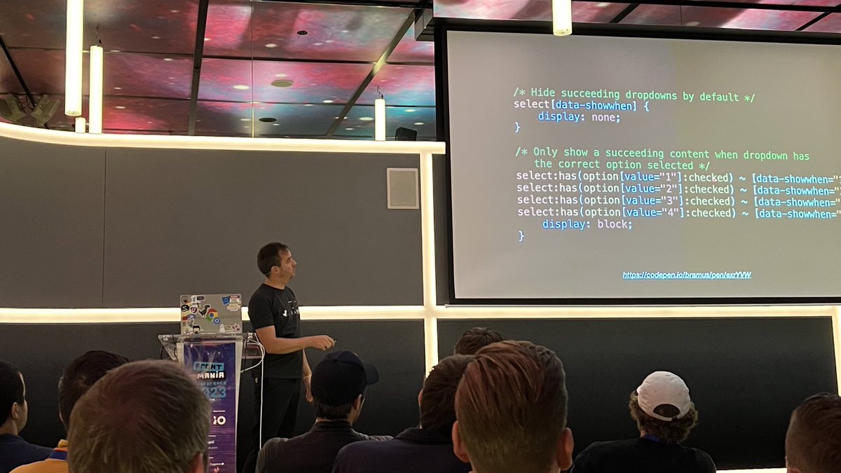 bramus's tweet photo. Thanks for having me today, #FrontMania.
Very happy I was able to show all of you what CSS can do nowadays (or soonish).
Best comment I heard afterwards was "I can remove some JS dependencies", which was exactly the thing I wanted to achieve.
Until next time! ๐ https://t.co/bsKixn9fgS