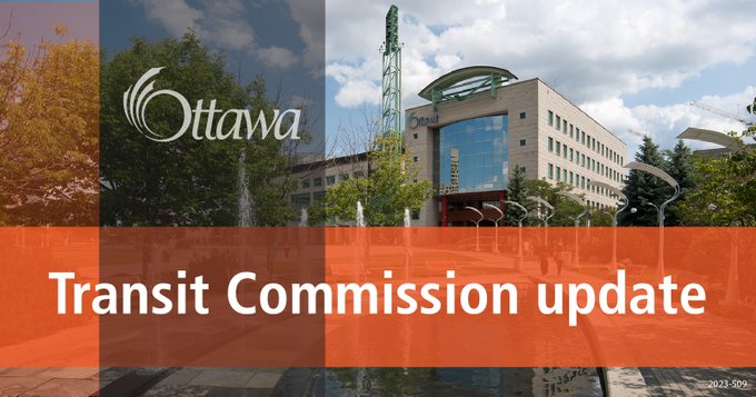 A graphic with Ottawa City Hall is in the background. A vertical grey stripe and a horizontal orange stripe are in the foreground with "Transit Commission update" in the centre.