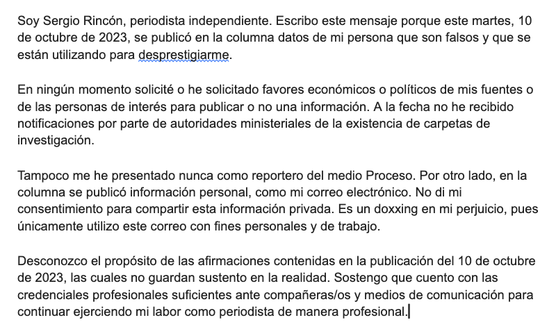 SerchRincon's tweet photo. El pasado 10 de octubre se publicó en la columna La Quinta Transformación información que daña el buen nombre de mi persona, carrera y trabajo. En respuesta, hoy solicité mi derecho constitucional de réplica al autor y a los medios que publicaron ese texto. https://t.co/mSnuhIbsgs