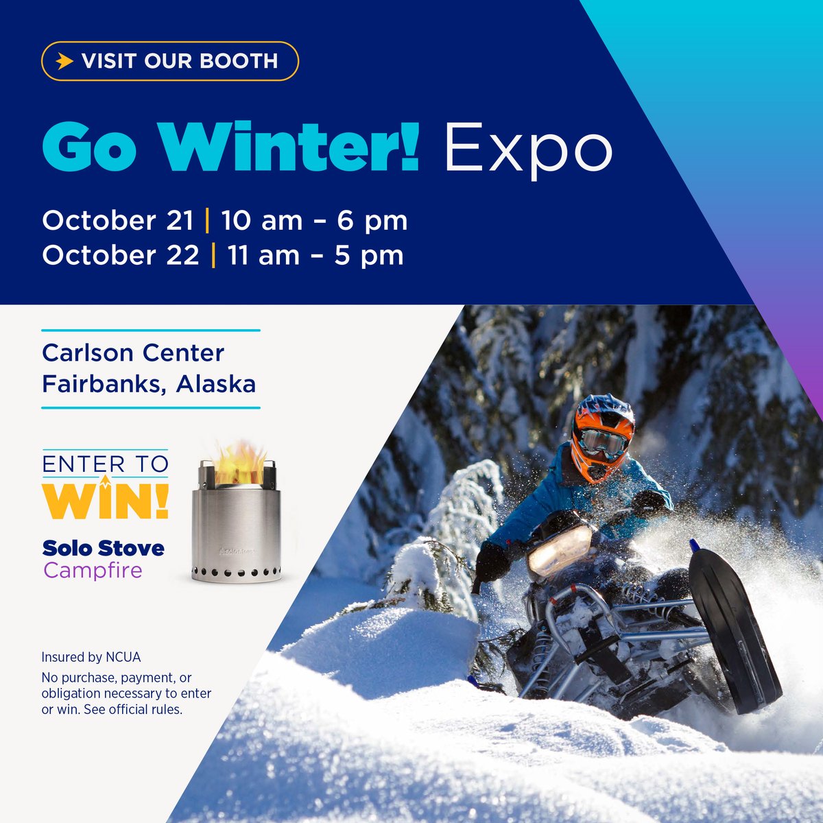 ❄️ Ready for the Go Winter! Expo in Fairbanks? We are! 👉 We'll be there October 21 from 10 am - 6 pm and October 22 from 11 am - 5 pm. ⭐️ Stop by our booth to  enter to win a Campfire Solo Stove! 🔥

No purchase necessary. See official rules at the booth. #Alaska