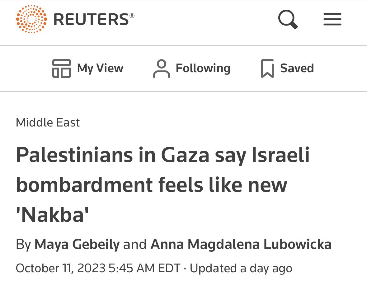 HonestReporting's tweet photo. At no point does @Reuters:

🔴 mention Hamas’ massacre

🔴 explain the 1948 war started with a combined Arab attack on Israel

🔴 note that the murdered Israelis were not prewarned to head to safety as Alaqad was

This “article” makes a mockery of journalism. https://t.co/7QUq2Nzt4t