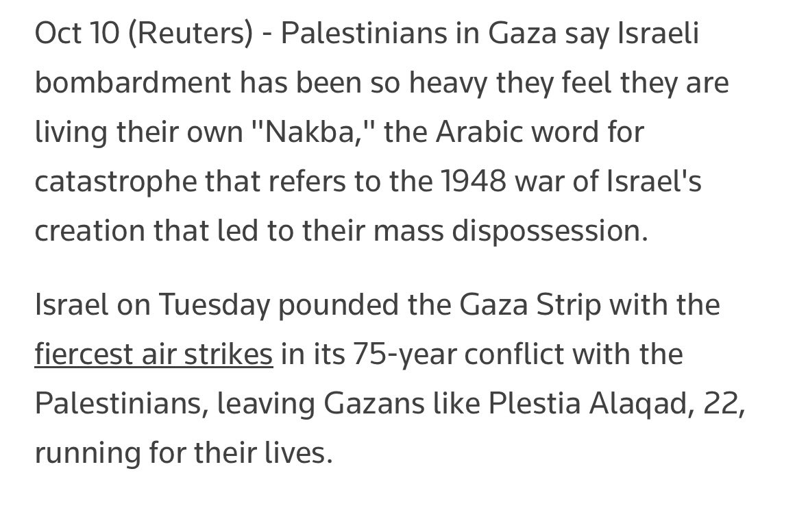 HonestReporting's tweet photo. At no point does @Reuters:

🔴 mention Hamas’ massacre

🔴 explain the 1948 war started with a combined Arab attack on Israel

🔴 note that the murdered Israelis were not prewarned to head to safety as Alaqad was

This “article” makes a mockery of journalism. https://t.co/7QUq2Nzt4t