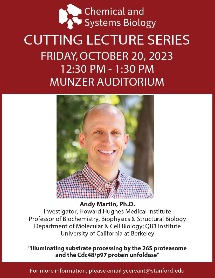 JOIN US!

CSB Cutting Lecture Series
Friday, October 20, 2023
12:30 PM – 1:30 PM (Pacific Time)
Munzer Auditorium

Andy Martin, Ph.D.
University of California at Berkeley

Talk Title: “Illuminating substrate processing by the 26S proteasome and the Cdc48/p97 protein unfoldase”