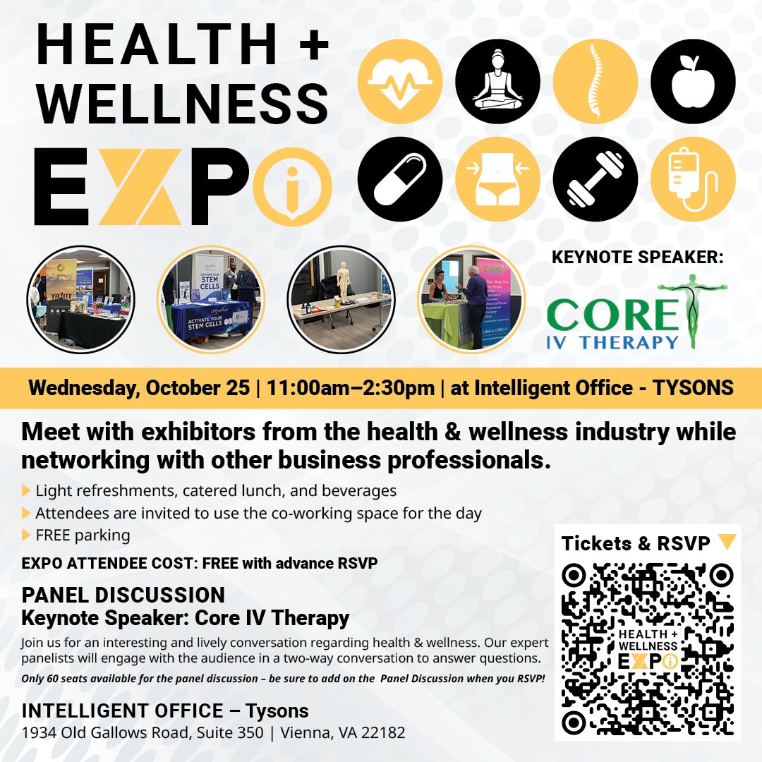 IntellOfficeART's tweet photo. Intelligent Office - Tysons is hosting a Health + Wellness Expo!

Wednesday, 10/25
11:00am–2:30pm

Meet with exhibitors from the health &amp; wellness industry while networking with other business professionals. 

FREE with advance RSVP

RSVP at https://t.co/fpuyVzbuOw https://t.co/MOFvDqhtiE