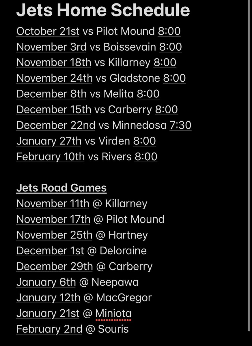 The Jets are back for 2023/24.
Here’s the schedule. Kicks off with an exhibition tilt tomorrow night at 7:00 vs <a href="/borderkingsthhl/">Boissevain Border Kings</a>