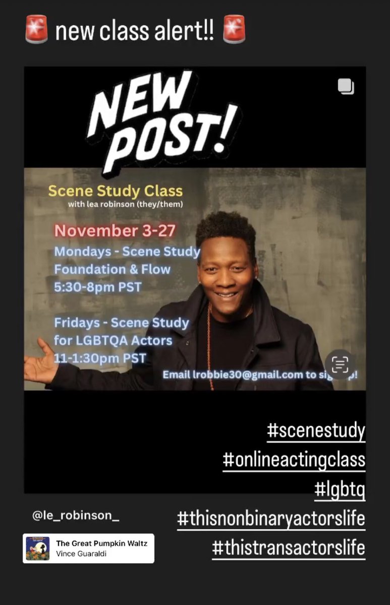 🚨 New Class Alert🚨 Scene Study Classes w/lea robinson *scene breakdown *character strong development *make authentic choices *build community If you want to join, but $ is a little tight, reach out to me. No one turned away for financial reasons. #thisnonbinaryactorslife