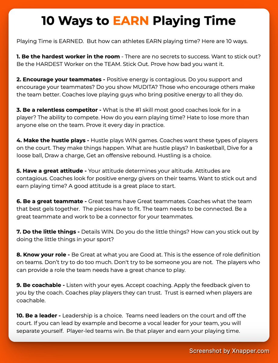 Playing Time is EARNED.

But how can you EARN playing time?  Here are 10 ways.