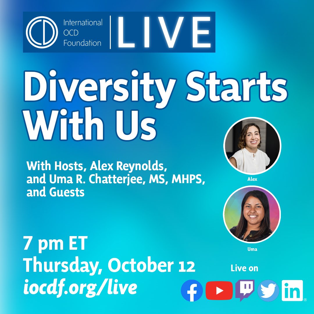 Join me & Alexandra Reynolds as we host tonight’s #OCDAwarenessWeek @IOCDF Livestream - Diversity Starts With Us🎗️💙 Joined by our amazing guests @CRodriguezMDPhD & Jelani Daniel LPC🌟 Join us, 7pm ET ➡️ iocdf.org/live #OCDweek #RealOCD #MyOCDTruth #OCDIsNotAnAdjective