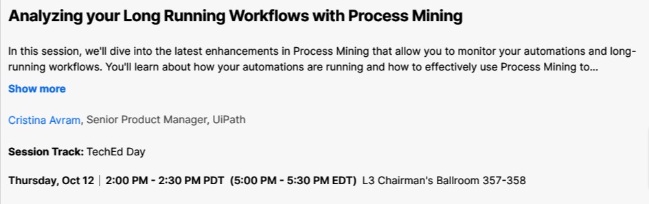 jamesvgingerich's tweet photo. #UiPathForward VI plus TechEd Day. Coming up at 2 pm. Analyzing your Long Running Workflows with Process Mining. #TechEdDay
@UiPath https://t.co/O7WQpk4K5i