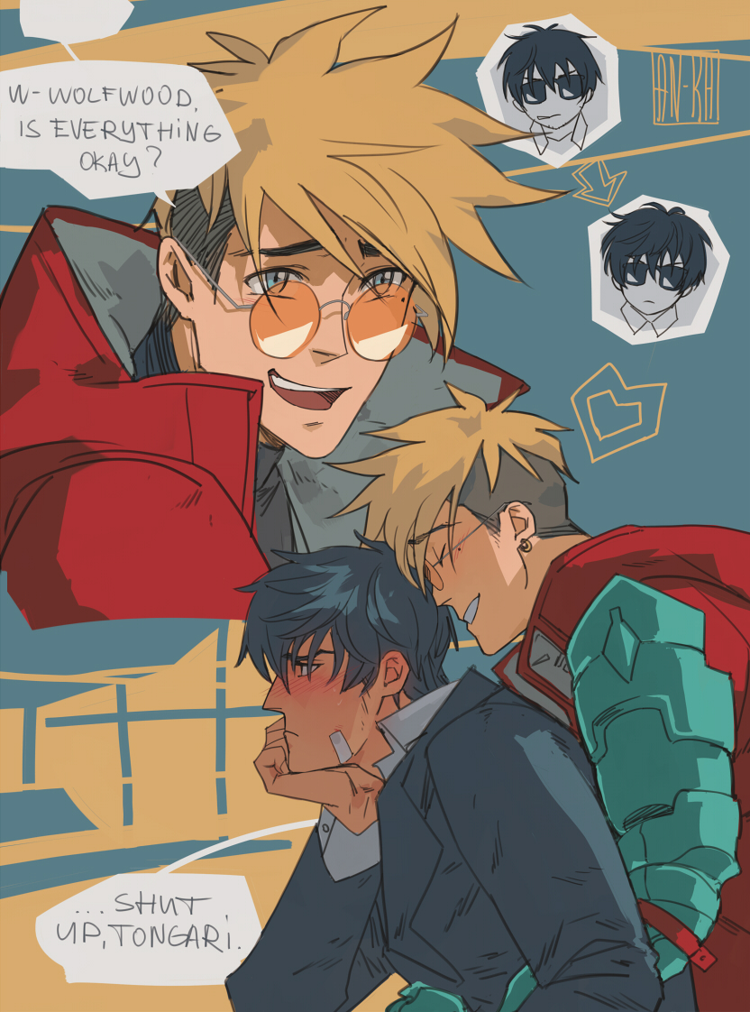 kaa05n2's tweet image. Meryl dressed Wolfwood up for a date with Vash (Vash has no clue) and made him to wash his hair properly at last.
#vashwood