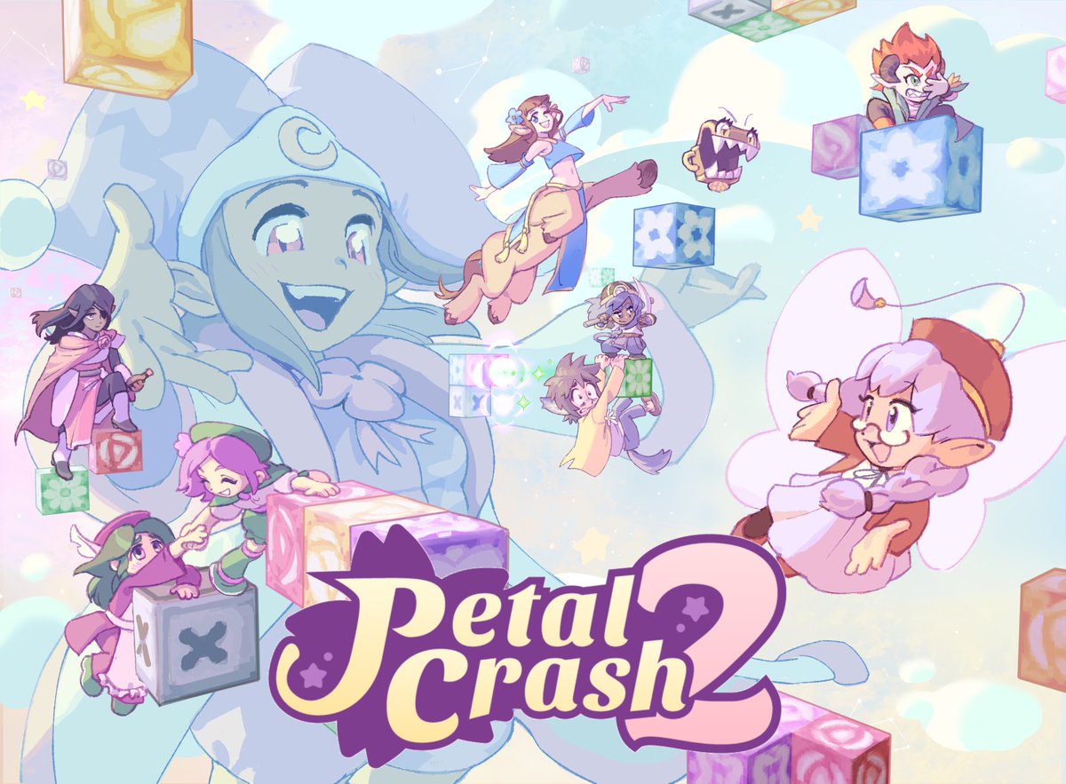 Here's Petal Crash 2's wonderful key art by <a href="/ikiruse/">mikey</a>, who did the cover art for the first game too!

United in purpose, the returning cast all charge together toward the future! Though who's that mysterious person in the background overseeing it all...?