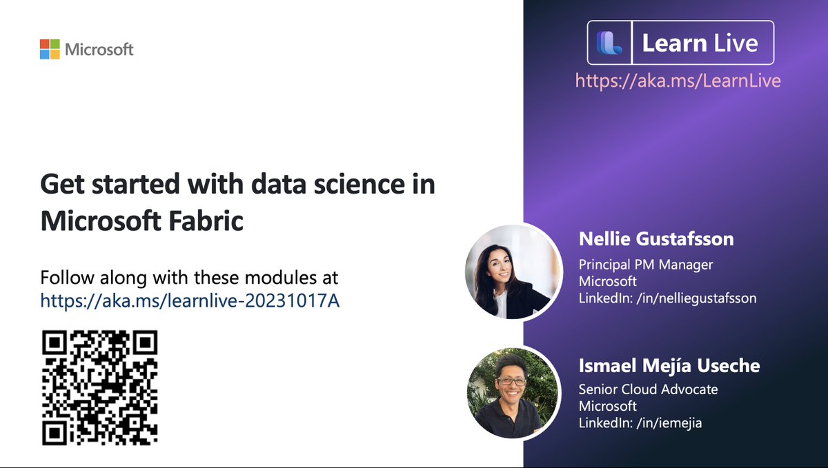 Do you want to learn about Data Science with Microsoft Fabric. Join me and @nelliegson next Tuesday October 17th on a new Learn Live session 'Get started with data science in Microsoft Fabric' - Register for the event at developer.microsoft.com/en-us/reactor/…
