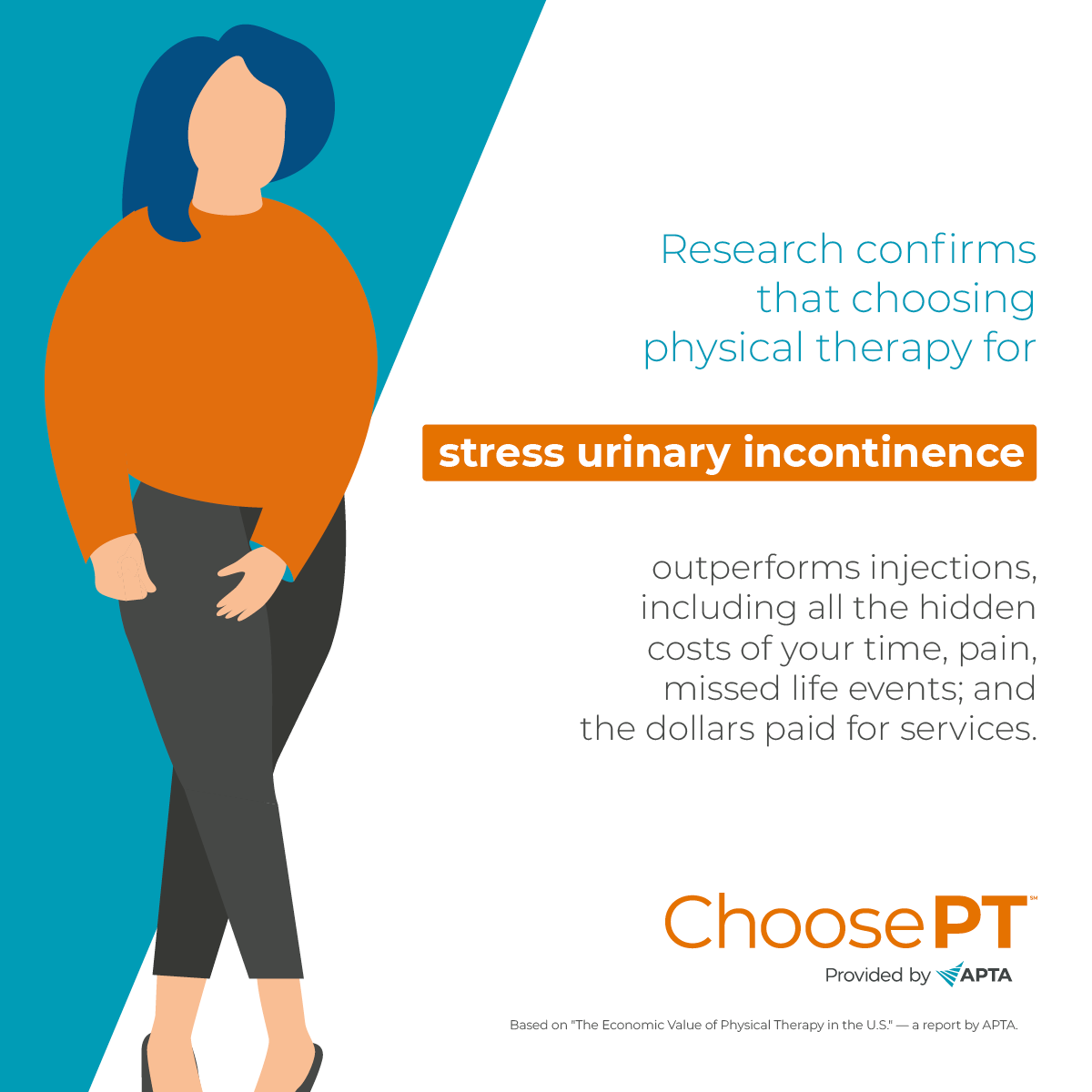 Physical therapy for stress urinary incontinence can help you control leakage through improved coordination and strength of your pelvic floor muscles, avoid the side effects and challenges of injections and medications, and more. Learn more: loom.ly/8c272eU

#ValueOfPT