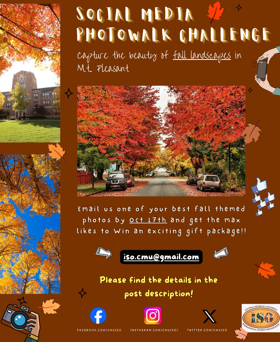 CMUISO's tweet photo. Showcase your photography skills!๐ธand win an exciting gift package!๐
๐ธSend your best pic of fall landscapes and nature in Mt. Pleasant (to iso.cmu@gmail.com) by Oct 17th
๐ธInclude your name and the photo's location
๐ธOn Oct. 20th, the most-liked photo will win
#CaptureAutumn๐ https://t.co/1bDWtT6fZH