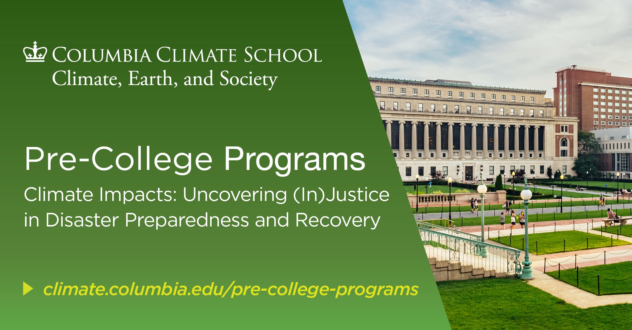 Columbia Climate School on X: HS students interested in climate justice  and disaster preparedness/recovery, register by Oct 20 for our 7-week  pre-college workshop (Oct 28-Dec 16) led by @columbia_ncdp experts  @j_devincenzo 