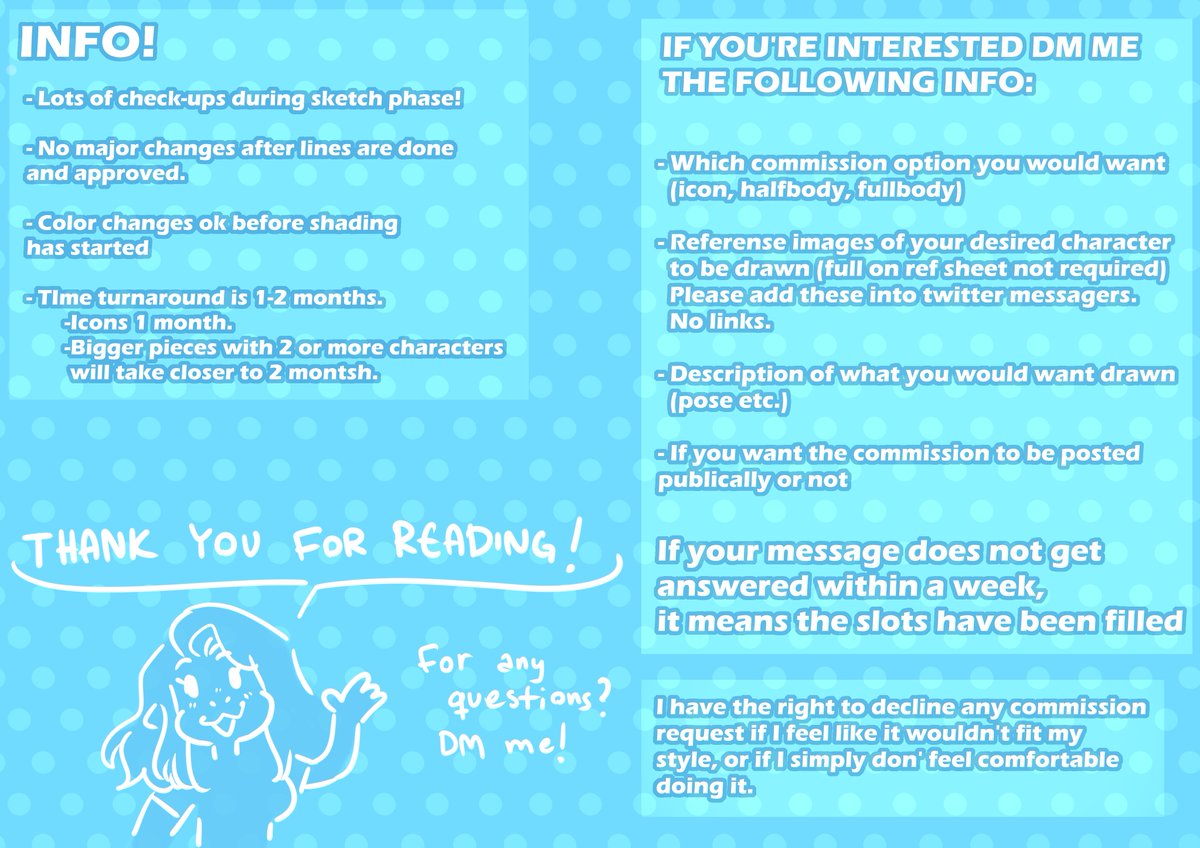 ☀️!COMMISSIONS OPEN!☀️

I have not done a large batch of these in a hot minute so I will start small with 2-3 slots! Timetable is around 1-2 months

DM me if interested!

I will make a seperate post about pricing for ref sheets and badges soon!