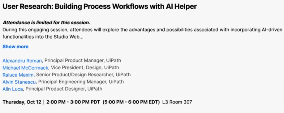 jamesvgingerich's tweet photo. #UiPathForward VI plus TechEd Day. Started at 2 pm. User Research: Building Process Workflows with AI Helper
#TechEdDay
@UiPath https://t.co/JMm9dUKWO6