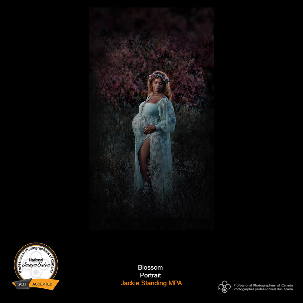 What  a stunning portrait. The beautiful tones of this image, and the pop of  colour with the subject's dress are so eye catching. "Blossom" scored  Accepted at the 2023 Image Salon from the Portrait Class. Maker is  Jackie Standing, MPA, of StandOut Photography Studio