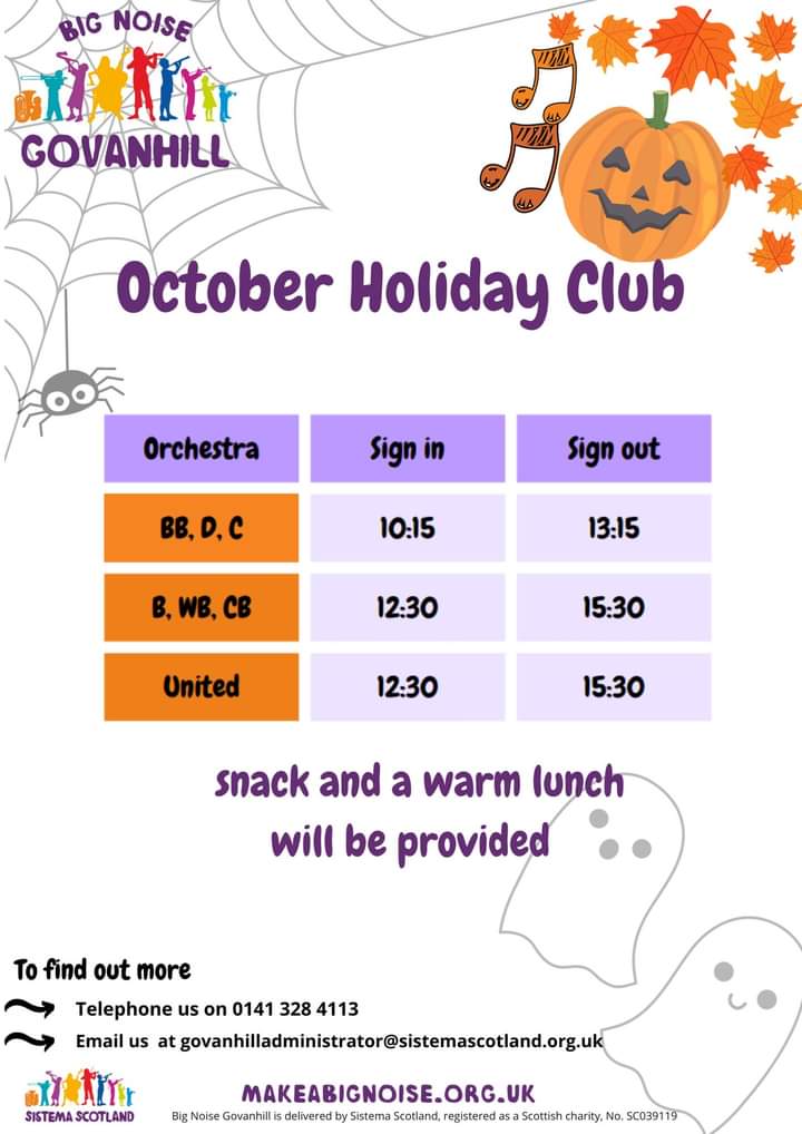 HolyCrossPri's tweet photo. Please see below for details of the Big Noise October Holiday Club! #makeabignoise #community #partnership #SistemaScotland https://t.co/CiLmDYzh57