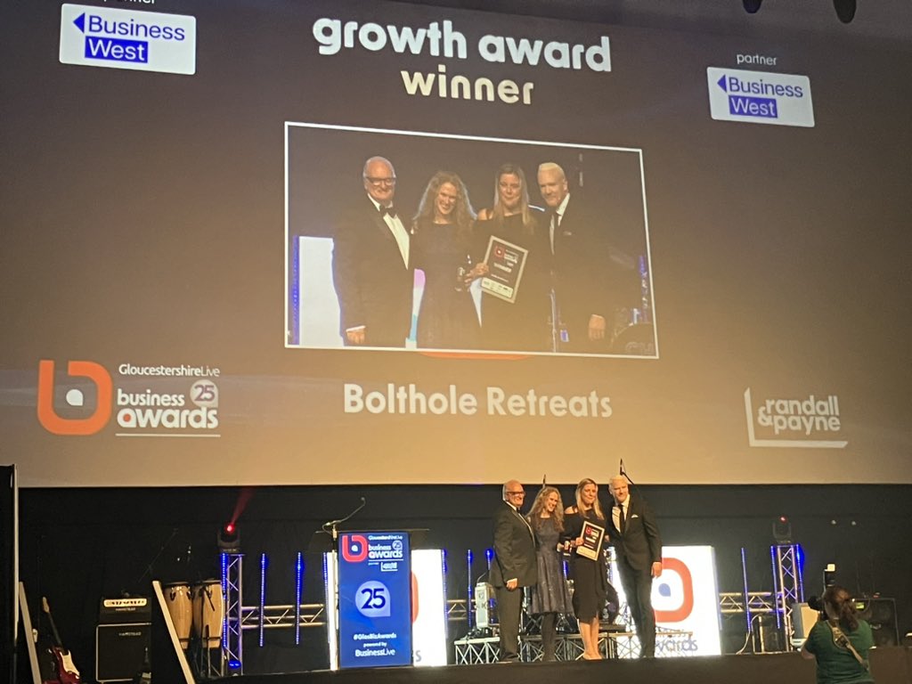GlosLiveOnline's tweet photo. The winner of the Growth Award,  in partnership with @bw_businesswest … Bolthole Retreats - congratulations! 

#GlosBizAwards #ad https://t.co/W5IqRFuFaz