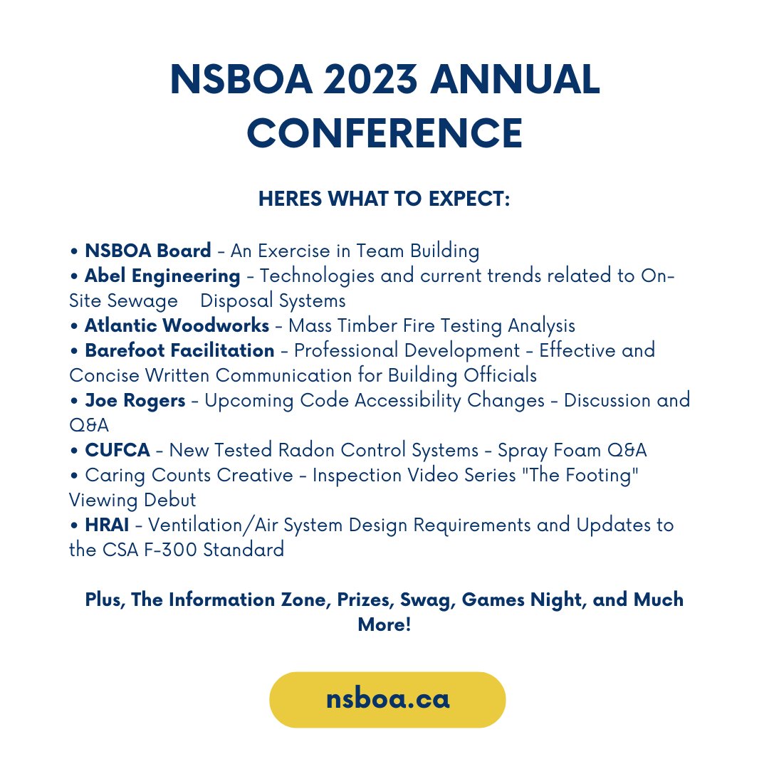 nsboassociation's tweet photo. Here's a sneak peak at what you can expect at the NSBOA 2023 Annual Conference!! #nsboa #nsboaconference #novascotia #buildingofficial #halifax #construction https://t.co/HrBIZO9UMO