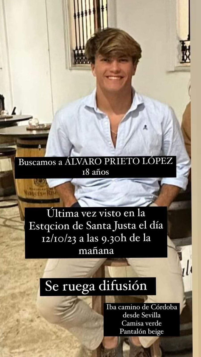 🚨 Álvaro Prieto, jugador del Juvenil del Córdoba CF ha desaparecido esta mañana en Sevilla. 
Fue visto por última vez a las 09:30h en la estación de Santa Justa. 
Vestía pantalón beige y camisa verde.
Si sabes dónde puede estar, contacta con la policía o con la familia 608435399