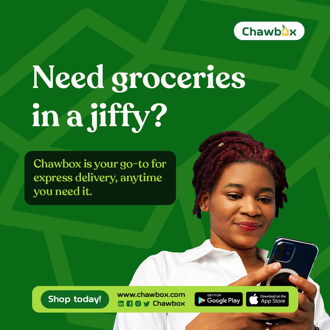 chawbox's tweet photo. Need groceries in a jiffy?
Chawbox is your go-to for express delivery, anytime you need it.
#Chawbox
#groceriesinlagos
#ShopSmartSaveMore https://t.co/ZtxOzHgGpU