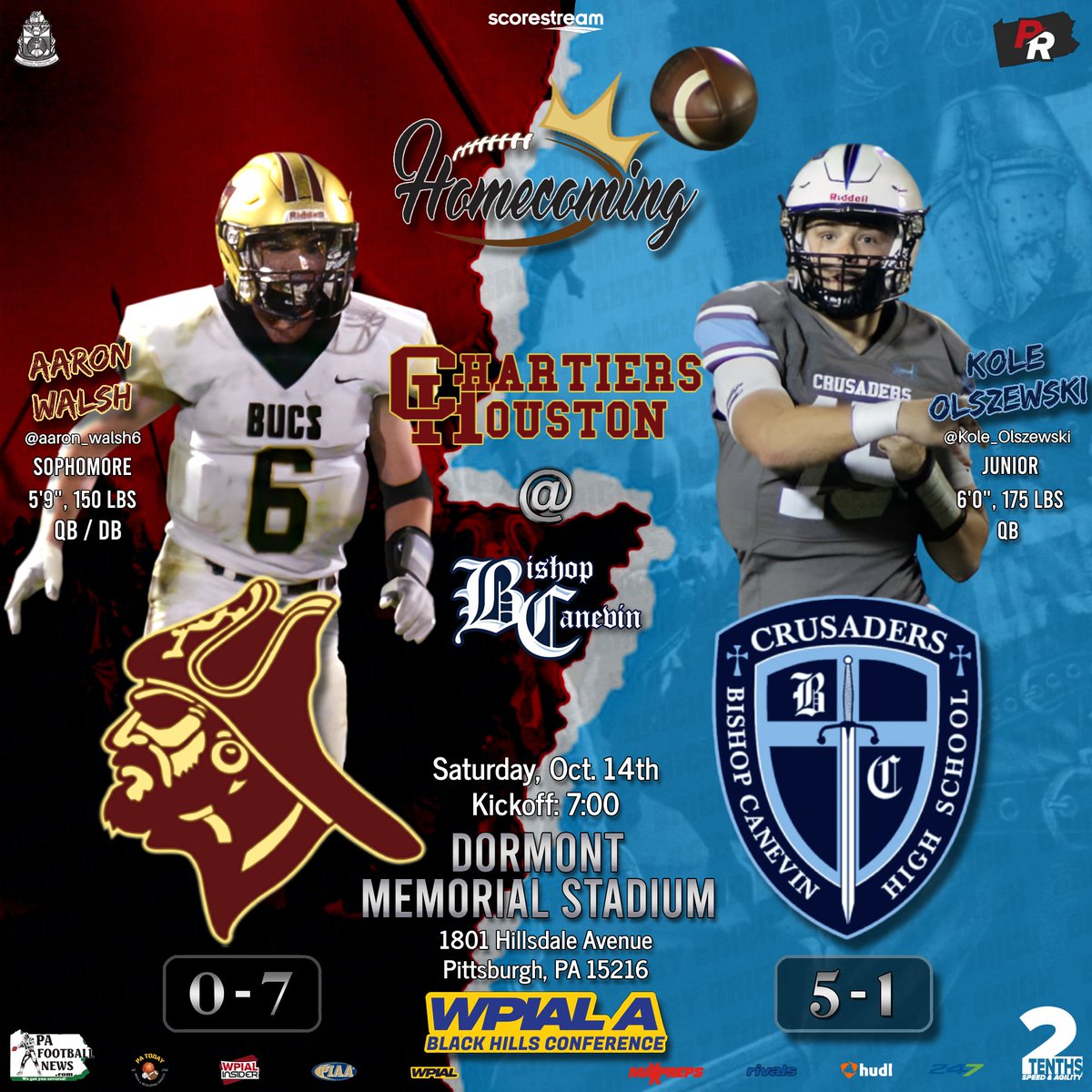 ⚔️Week 7⚔️

It's Homecoming weekend... The Bishop Canevin Crusaders (5-1) take on the Chartiers-Houston Buccaneers (0-7) at 7:00pm at Dormont Memorial Stadium in this Black Hills Conference showdown! 

🆚Chartiers-Houston
📆Sat, Oct 14th
⏰ 7:00 PM
📍Dormont Memorial Stadium