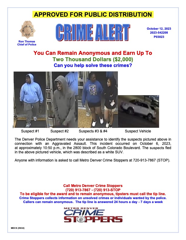 CrimeStoppersCO's tweet photo. 🚨🚨WHO ARE WE??? 🚨🚨 Earn $$$$ Rewards, Remain Anonymous! Tip-line 720.913.7867.
They were involved in an agg assault on 10/6 around 2800 block of S Colo Blvd.
Help @DenverPolice make a #SaferDenver! #CrimeStoppers #StopCOCrime #MDCS #StopCrimeCO https://t.co/x27vhZLmzQ