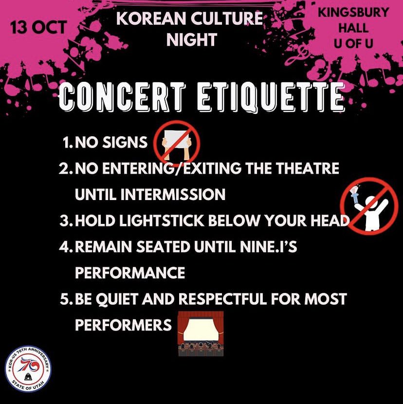 DaebakUtah's tweet photo. With nine.I being in Utah we’re getting so excited to see their performance tomorrow!! Here’s a few etiquette tips for the concert, to make sure we show respect to all performers as well as the audience. 

#NINEi #ninei #kpop #kpopinutah #koreanculturenight https://t.co/exlb6WjhfH