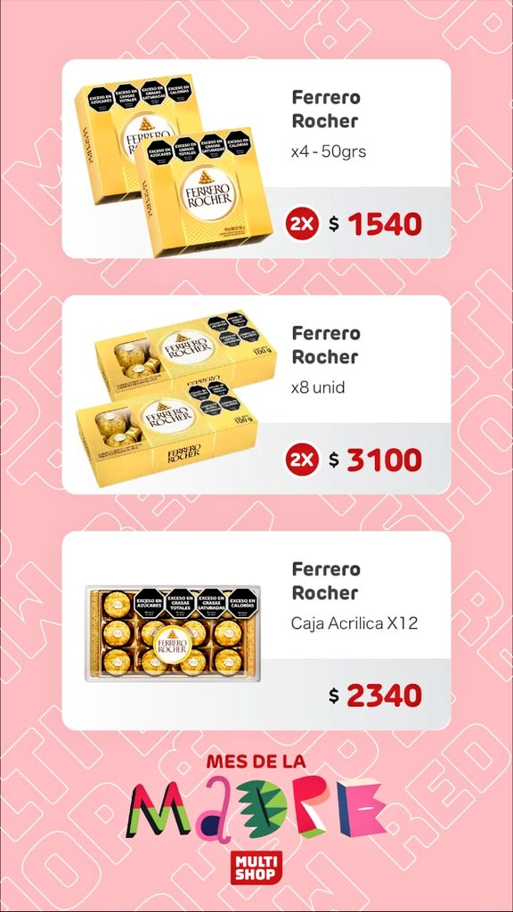 PreciosRosario2's tweet photo. #BombonesEnRosario 

Para llevarle a mamá 🥰

👉🏻 Ferrero Rocher

💰 $1540
👉🏻 2 cajas de 4 unidades c/u

💰 $3100
👉🏻 2 cajas de 8 unidades c/u

💰 $2340
👉🏻 Caja de 12 unidades

📍 #Multishop (Aceptan #BilleteraSantaFe + #CompreSinIva) https://t.co/y6TGqlL64l