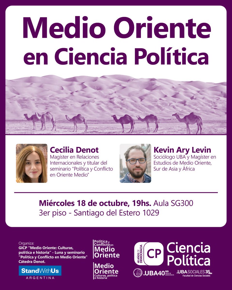 MEDIO ORIENTE EN CIENCIA POLÍTICA

👥Exponen: 
📌Cecile Denot (<a href="/gordameir/">Ceci Denot</a>) (Magíster en Relaciones Internacionales y titular del seminario "Política y Conflicto en Oriente Medio");

📌 <a href="/ka_levin/">Kevin Ary Levin</a> (Sociólogo UBA y Magíster en Estudios de Medio Oriente, Sur de Asia y África).