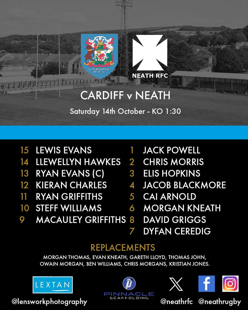 TEAM NEWS: CARDIFF v NEATH – SAT’ 14th OCTOBER ⚫️🏉
⏰ NOTE: 1.30pm KO
📌 Cardiff Arms Park
Read more on our website:
🔗 buff.ly/3FeFENv
#WelshAllBlacks #NeathRFC #JoinTheBlackParade