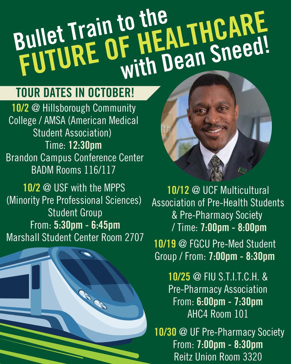 KevinBSneed's tweet photo. The #BulletTrainToTheFuture tour is venturing over to the other side of I-4 to meet w/ the #PrePharmacySociety at @UCF tonight! Every time I meet w/ them the interest is high, &amp; I look forward to sharing all of the exciting #Innovations happening in the @USFCOP! #JoinUs👨🏽‍⚕️👩🏻‍⚕️ https://t.co/K3HaoJjMu9