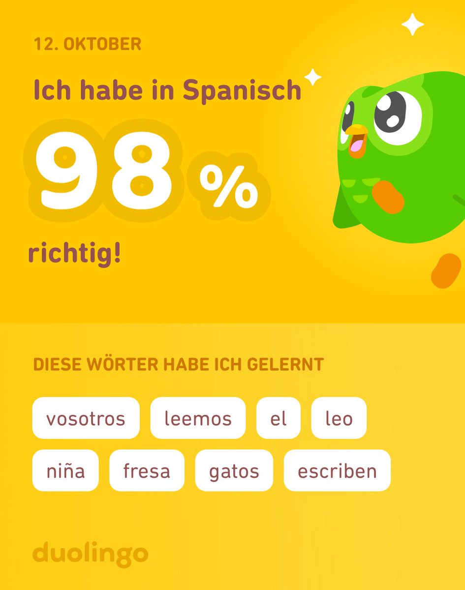 Ich lerne Spanisch auf Duolingo! Es ist kostenlos, effektiv und macht Spaß. 💯🌹