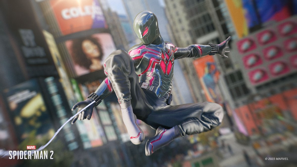 PlayStation's tweet photo. Introducing the Brooklyn 2099 and Kumo Suits, two new outfits coming to #SpiderMan2PS5! These sleek designs are sure to turn heads at The Daily Bugle! Get those cameras ready for October 20th! 📸

#BeGreaterTogether https://t.co/y9KXcFYC29