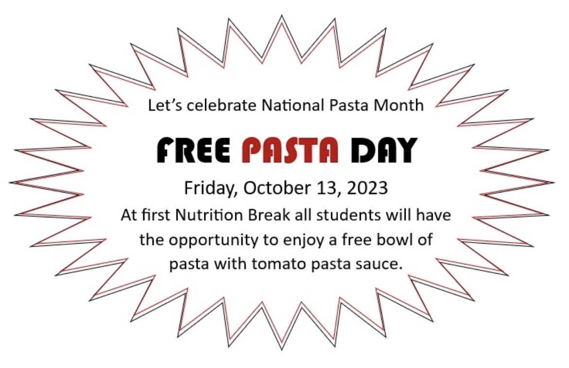 Lions, bring  your appetites as we celebrate #NationalPastaMonth with a free pasta lunch on Friday, October 13th.